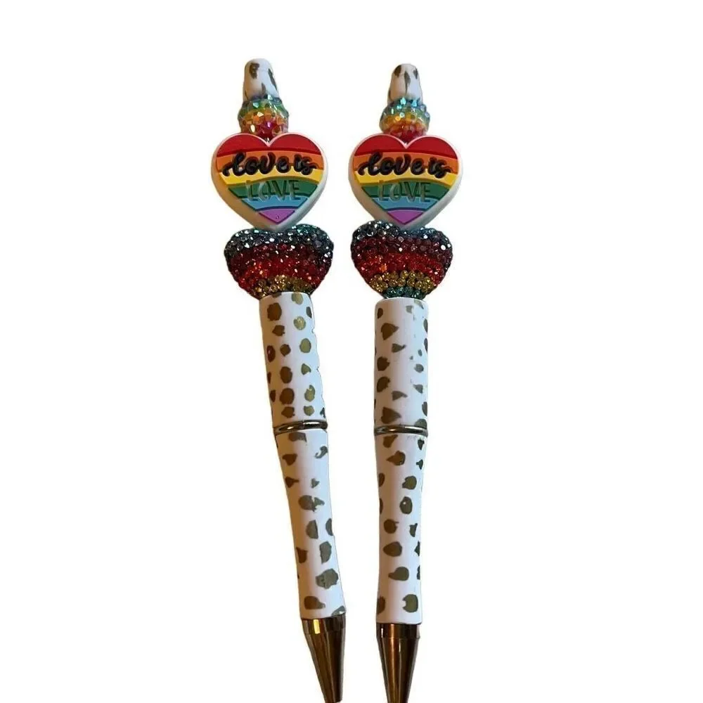 Love is love heart beaded writing pen handmade spots animal print rainbow glitte
